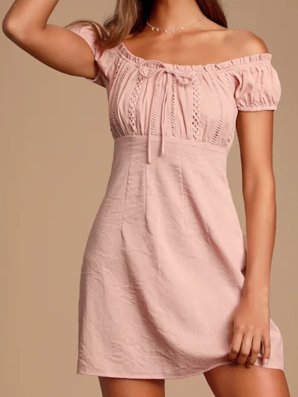 Wisteria Blush Pink Embroidered Off-the-Shoulder Mini Dress